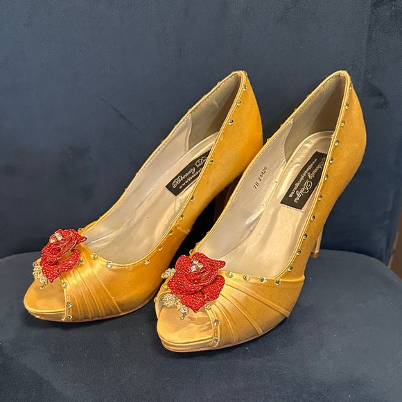 None Shoes - Stunning Gold Heels with Red Floral Accents
